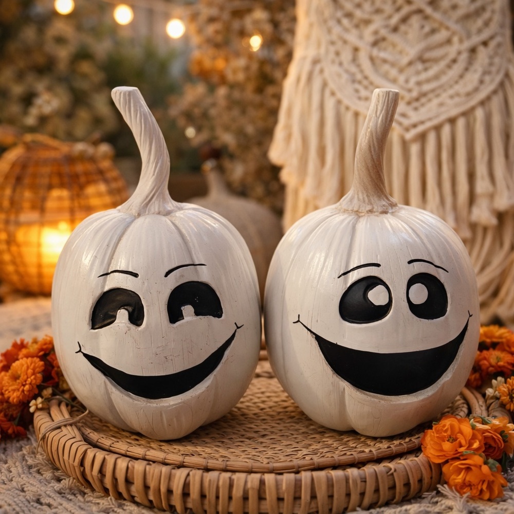 Smiling Ghost Pumpkin Decor White Black Set 2